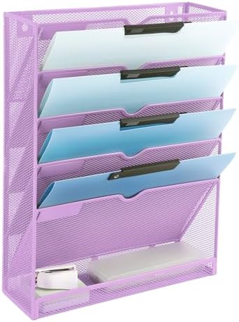 EASEPRES 6 Tier Mesh Hanging Wall File Organizer, Desk Vertical Mail Paper Document Folder Holder Rack with Bottom Tray and Nametag Label for Office Home School, Light Purple