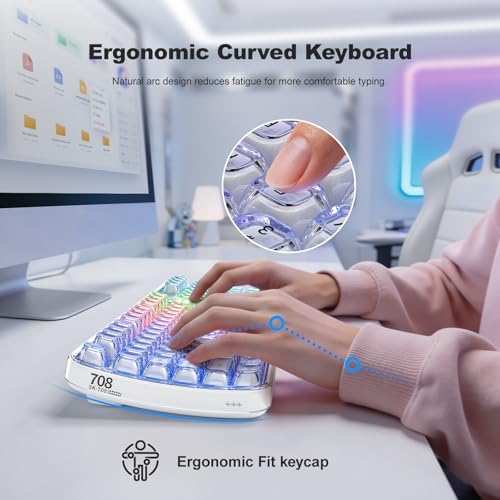 GEEZER Computer Backlit Keyboard White Crystal - Full-Size Bluetooth Wireless Rechargeable Transparent Keycap Portable Keyboards Compatible with Windows, Laptop, PC, Desktop