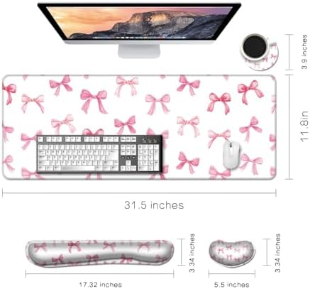 MIBITRI Keyboard Mouse Pad Set, Extended Gaming Mouse Pad+Ergonomics Keyboard Wrist Rest Support, Memory Foam, Easy Typing Pain Relief, 4Pcs XXL Ultra Thick Desk Mat, Pink Bows
