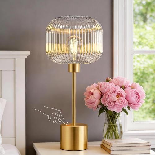 Glass Table Lamp for Living Room, Modern Gold Clear Bedroom Bedside Lamp