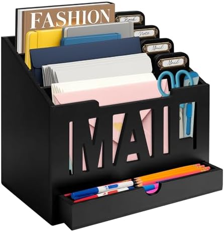 Mail Organizer Countertop, Desktop Mail Sorter with Drawer & Label Tags, BK