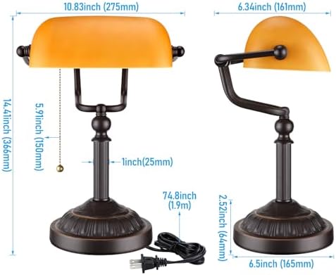 TORCHSTAR Amber Glass Bankers Desk Lamp with Pull Chain, E26 Base