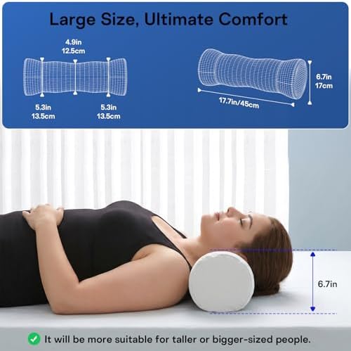 Neck Roll Pillow - Cooling Cover Round Neck Pillow for Sleeping - Memory Foam Cervical Support Pillow - Ergonomic Cylinder Pillows for Neck, Leg, Back, Yoga, Relaxing (Grey White)