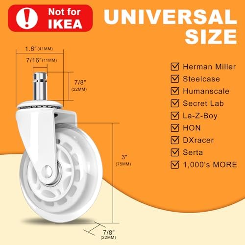 Office Chair Wheels for Casters Replacement - 3" Rubber Wheels for Computer Gaming Desk Caster Smooth & Safe Rolling for All Floors Including Hardwood and Carpet - Set of 5 - White