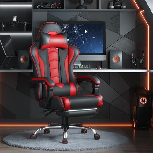 Yaheetech Gaming Chair with Footrest Massage Lumbar Pillow Black and Red