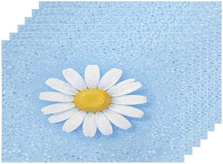 Shrahala Botanical Daisy Set of 6 12 x 18 Inch Linen Placemats, Soft Blue Background Burlap Table Mat Washable Double Layered Heat Insulation for Indoor/Outdoor