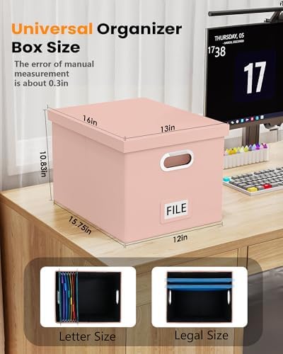Oterri 2 Pack File Storage Organizer Box,Filing Box,Portable File Box with Lid,Fit for Letter/Legal File Folder Storage, Cream-pink(Leather)-Box only