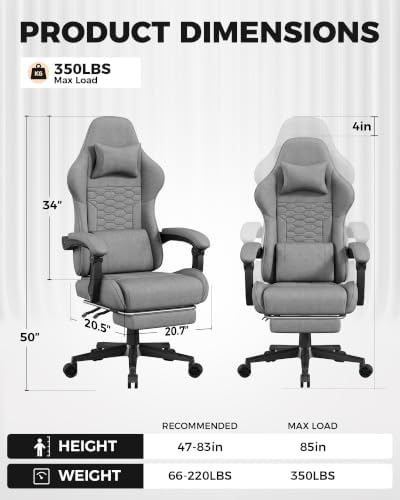 LUCKRACER Gaming Chair with Footrest and Pocket Spring Cushion, 90°-155° Reclining Ergonomic Computer Chair, 4" Height Adjustable, Lumbar Support, SGS Class 3 Gas Lift, Light Gray