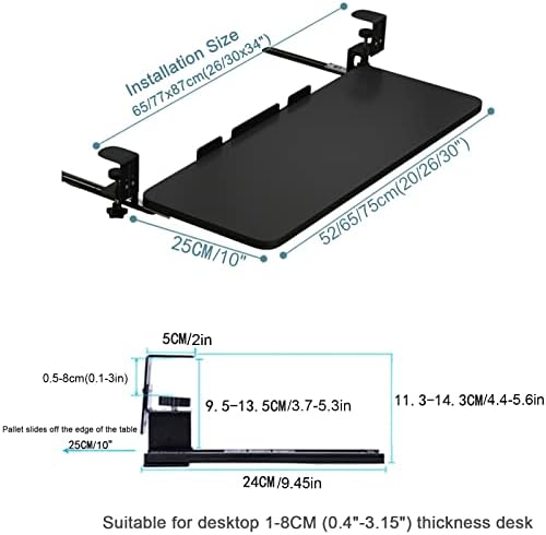 Slide Out Swivel Computer Keyboard Stand, Under Desk Adjustable Keyboard Tray with C Clamp, Home or Office Ergonomic Keyboard Shelf(65x25cm(25.6x9.8), Black)
