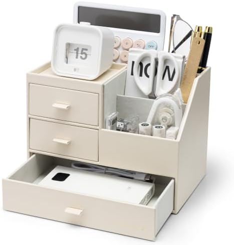VLANDO Desk Organizer,PU Leather Office Storage with Compartments,Beige