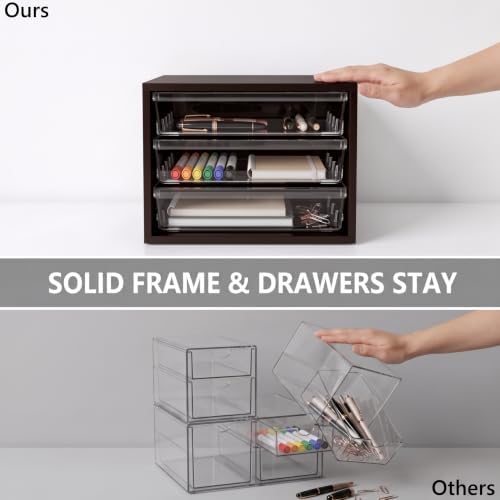 WOPITUES Wooden Desk Organizer with 3 Drawers & a Total of 5 Dividers,Black