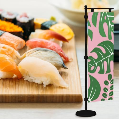 Green and Pink Palm Leaf Deluxe Desk Flag Set, 12 x 4 Inch Miniature Table Flag with 14" Pole & Stand Base