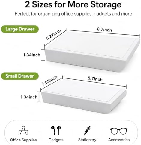 YOOUSOO Under Desk Drawer Organizer, 2 Pack Self Adhesive Slide Out Desk Storage Drawers, Hidden Desk Drawer Attachment for Pens, Notes, Cables, Earbuds and Small Office Accessories