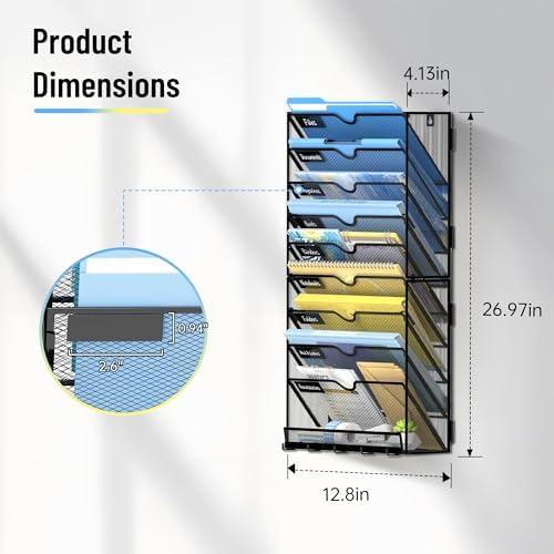 SUPEASY 10-Tier Wall File Organizer with Hooks, Wall Mounted Mail Organizer