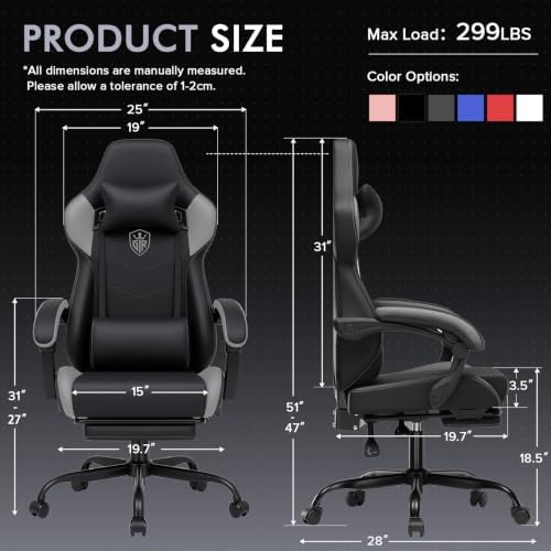 GTPLAYER Gaming Chair with Footrest, High Back Computer Chairs for Adults with Linkage Armrest Lumbar Support Heavy Duty 350lbs Ergonomic Swivel PC Game Chair for Office, Grey