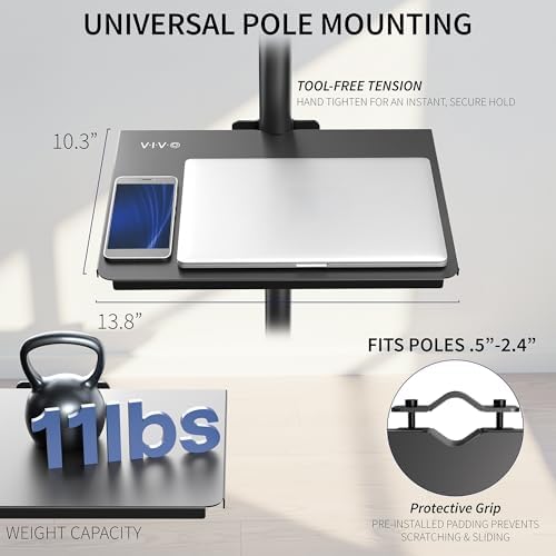 VIVO Universal Steel 14 x 10 inch Shelf Pole Mount for TV Cart, Attaches to 0.5” to 2.4” Poles, Speaker & Microphone Stands, Clamp-on Utility Storage Surface, Black, MOUNT-SF13P
