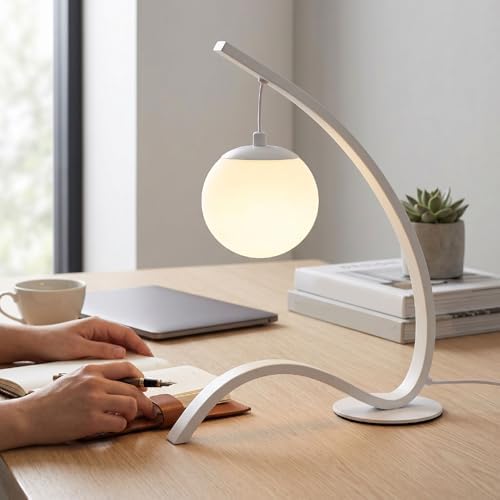 LED Bedside Lamp, 3 Levels Brightness 3 Color Temperatures, Anti Glare Eye Caring Soft Light, Creative Stylish Desk Lamp for Bedroom Living Room Corner, Sturdy Iron PVC Body (White)