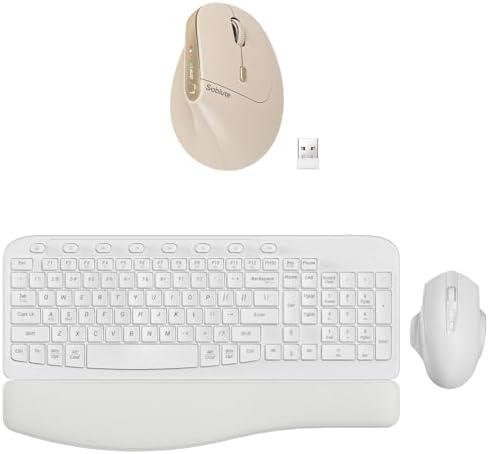 SABLUTE Ergonomic Keyboard and Vertical Mouse Bundle, White Wave Keyboard (2 AA Batteries Powered) with Cushioned Wrist Rest and Beige Rechargeable Vertical Mouse, Wireless Office Setup for Windows
