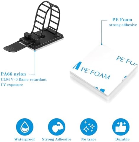 Adjustable adhesive cable management clips 100Pcs, large self adhesive cable ties clips ，Suitable for cable management under desks and on walls(Black)