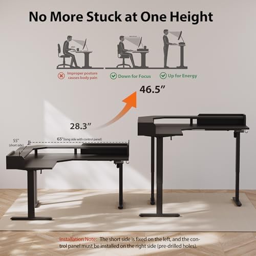 Agilestic 63 Inch L Shaped Electric Standing Desk with Shelf, Black