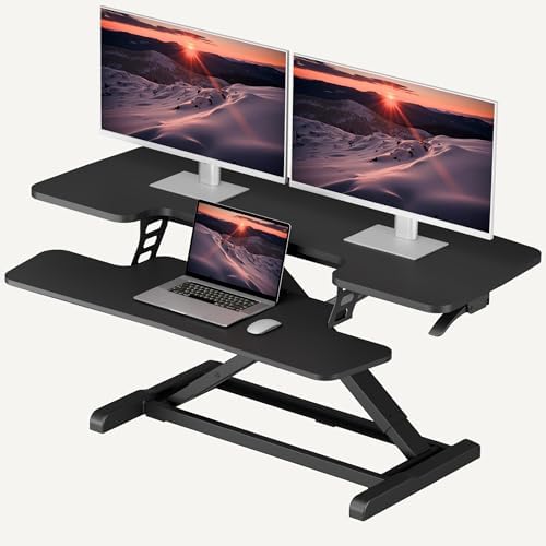 SANODESK 42" Extra Large Standing Desk Converter, Height Adjustable Sit Stand Riser with Wide Keyboard Tray, Dual Monitor Workstation for Home Office, Ergonomic Desktop Riser, Black