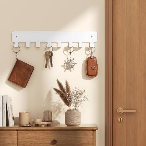 pickpiff Key Holder Wall Mount, Adhesive Key Rack with 8 Hooks Hanger for Car Key Ring, Metal Key Chain Organizer, White 1 Pack