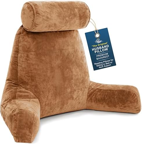Husband Pillow XXL The Original for Adults - 30" Tall Backrest for Sitting Up in Bed - Firm Support Reading & Bed Rest Pillows for Adults, Neck Roll, Removable Cover - TV - Tan