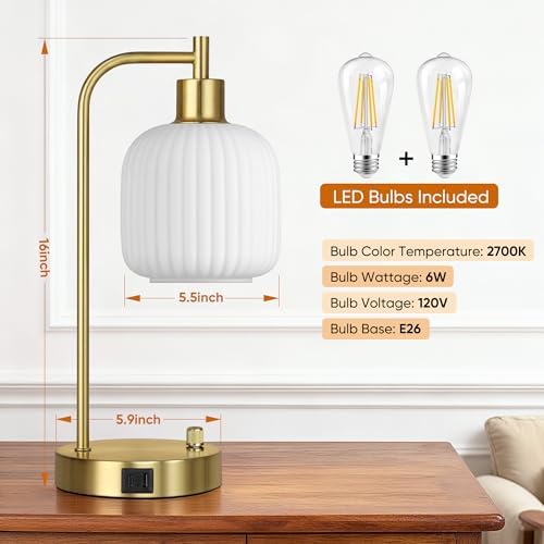 Cream Glass Table Lamps Set of 2, Dimmable Bedside Lamps for Living Room