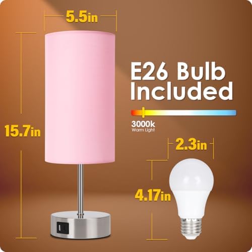 Yarra-Decor 【Upgraded Bedside Lamp with USB A+C Charging Ports & AC Outlet Touch Control Table Lamp for Girl Bedroom 3 Way Dimmable Nightstand Lamp with Pink Shade for Home, Dorm(Bulb Included)