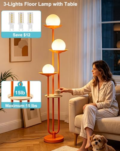 63IN Globe Floor Lamp with Shelf 3-Lights Modern Dimmable Orange Floor Lamps with 3000K Soft Warm White Bulbs for Wedding/Party, Tall Standing Lamp with 5Lbs Heavy Base for Living Room/Bedroom