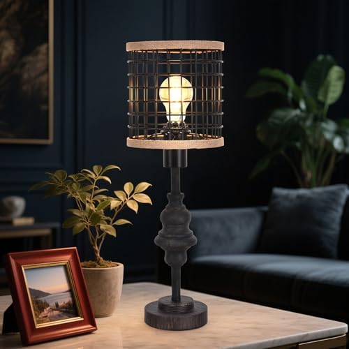 Black Industrial Metal Mesh Table Lamp, 20" Tall Farmhouse Bedside Lamp with Burlap Trim, 5ft Brown Cord & Rotary Switch, E26 Bakelite Socket for Bedroom Living Room