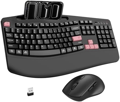 Wireless Keyboard and Mouse Combo, Full Size Ergonomic Wave Keys(Pink-B)