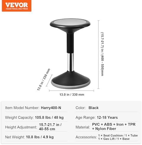 VEVOR Wobble Chair, Height-Adjustable (15.7-21.7") Active Chair, Flexible Seating Wobble Stool Made of PVC+ABS Improves Focus & Posture, Ideal for Schools, Office and Home, Age 12-18, Black