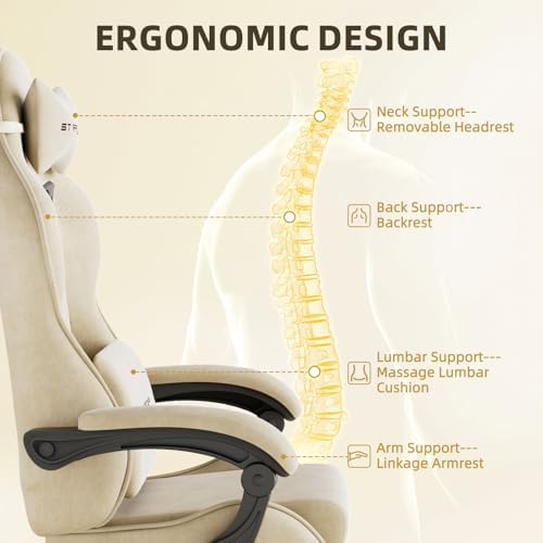 Ferghana Velvet Fabric Gaming Chair, Ergonomic Gamer Chair for Adult, Comfortable Video Game Chair with Footrest and Massage Lumbar Cushion, Racing Reclining Office Home Computer Desk Chair Beige