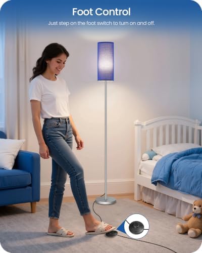 Dimmable Floor Lamps for Living Room with Remote and Foot Switch, 64.4” Modern Standing Tall Lamp, Corner Lamp for Bedroom, Office, Bulb Included, 3000K-6500K, Blue and Silver, FCC Listed SU06LD05W1