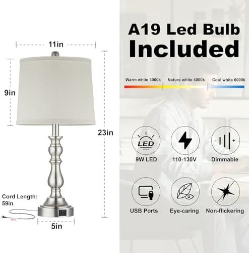 23'' Table Lamps Set of 2, Silver Lamps for Bedroom, USB C+A Ports