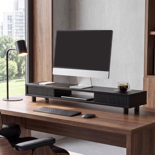Fenge Dual Monitor Stand with Storage, Desk Shelf with Glass Sliding Door