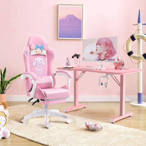 Gaming Chair Adults Gaming Chair Girls Cute Computer Leather Armchair Office Home Swivel Lifting Adjustable Chair with Footrest Pink