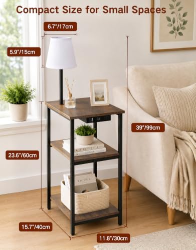 Side Table with Light & Charging Station, 3-Tier Narrow End Table