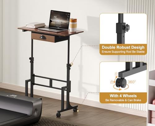 Adjustable Height Standing Desk With Drawer, Rolling Sit Stand Up Desk With Wheels, Small Sit To Stand Computer Desk, Adjustable Desktop Height, On Wheels, Brown, For Walking Pad Laptop Treadmill