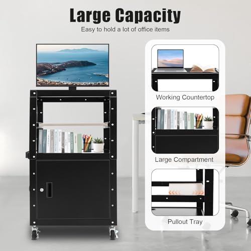 AV Presentation Cart Stand with Locking Cabinet, Steel Rolling Metal Cart On Wheels, Rolling Tv Stand with Power Outlet, Computer Cart On Wheels, Computer Cartwith Keyboard Tray 1.5m Cable