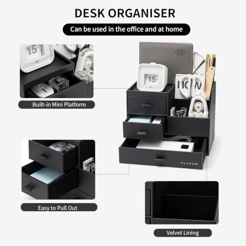 Desk Organizer with Drawer, Luxury 7 Compartments Leather Desk Caddy, Black