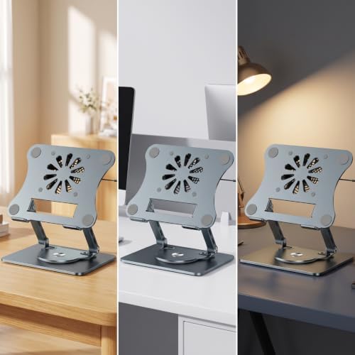 Laptop Cooling Stand Adjustable Ergonomic Riser Support with Fan and Metal Mesh Plate for Stable Desktop Tasks Suitable for Office Study Gaming Travel, Gray, Rotatable with Cooling Fan