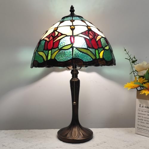 Tiffany Table Lamp Red Baroque Style Stained Glass Lamp 12X12X18 Inch Antique Lamp for Office Home Bedroom Living Include 3-Color LED Bulb