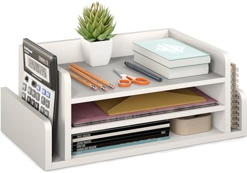 Ballucci 3-Tier Desk Organizer with 2 Side Mail Sorter Slots, Wood Letter Tray, Open Top Paper Organizer, Desktop File Organizer, White