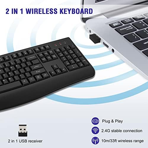 QUASIO Wireless Keyboard, 2.4G Full-Sized Ergonomic Wireless Computer Keyboard with Wrist Rest for Windows, Mac OS Laptop/PC/Desktop/Notebook(Black)