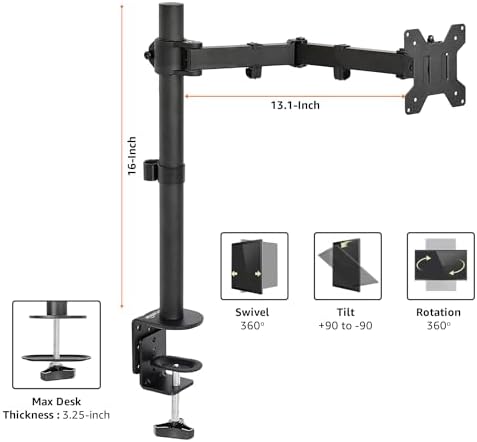 Amazon Basics Single Computer Monitor Stand with Tilt and Rotation,Height Adjustable VESA Desk Arm Mount,Steel,30 inches,Black,(Pack of 6)