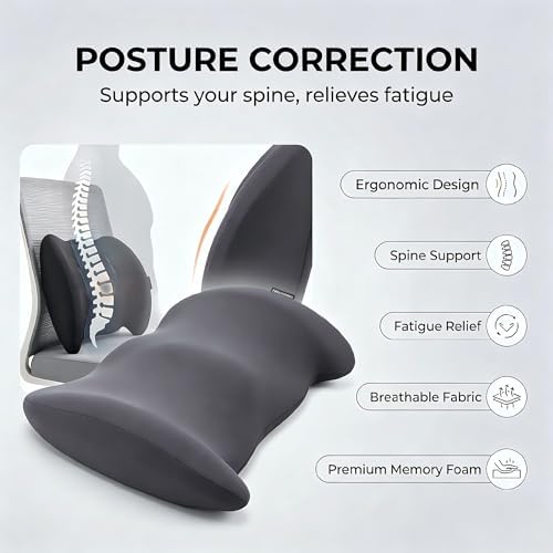 Lumbar Support Pillow Memory Foam Back Cushion for Sciatica & Lower Back Pain Relief Orthopedic Posture Corrector for Office Chair Gaming Chair Car Seat Breathable Washable Dark Gray