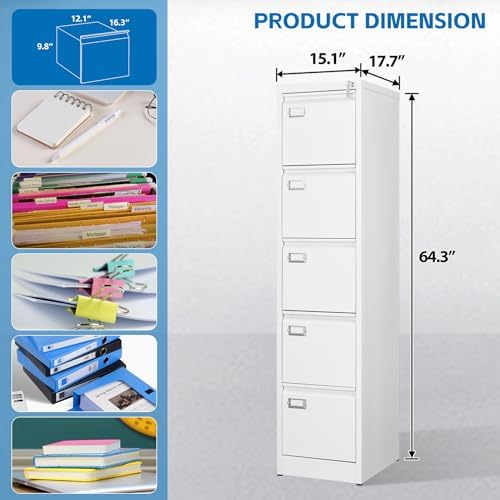 BYNSOE 5 Drawer File Cabinet with Lock Metal Vertical File Cabinet Office Home Vertical File Cabinet for A4 Legal/Letter Size Narrow File Cabinet Locked,Assembly Required