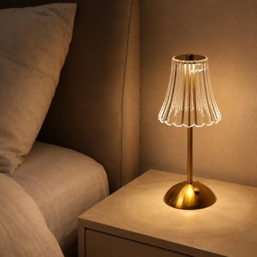 Cordless Table Lamps for Home,Table,Dining Room, Gold Rechargeable Lamps, USB Charge 12'' Tall LED Brass Portable Outdoor Indoor Table Lamp with Built-in Dimmer (Clear)